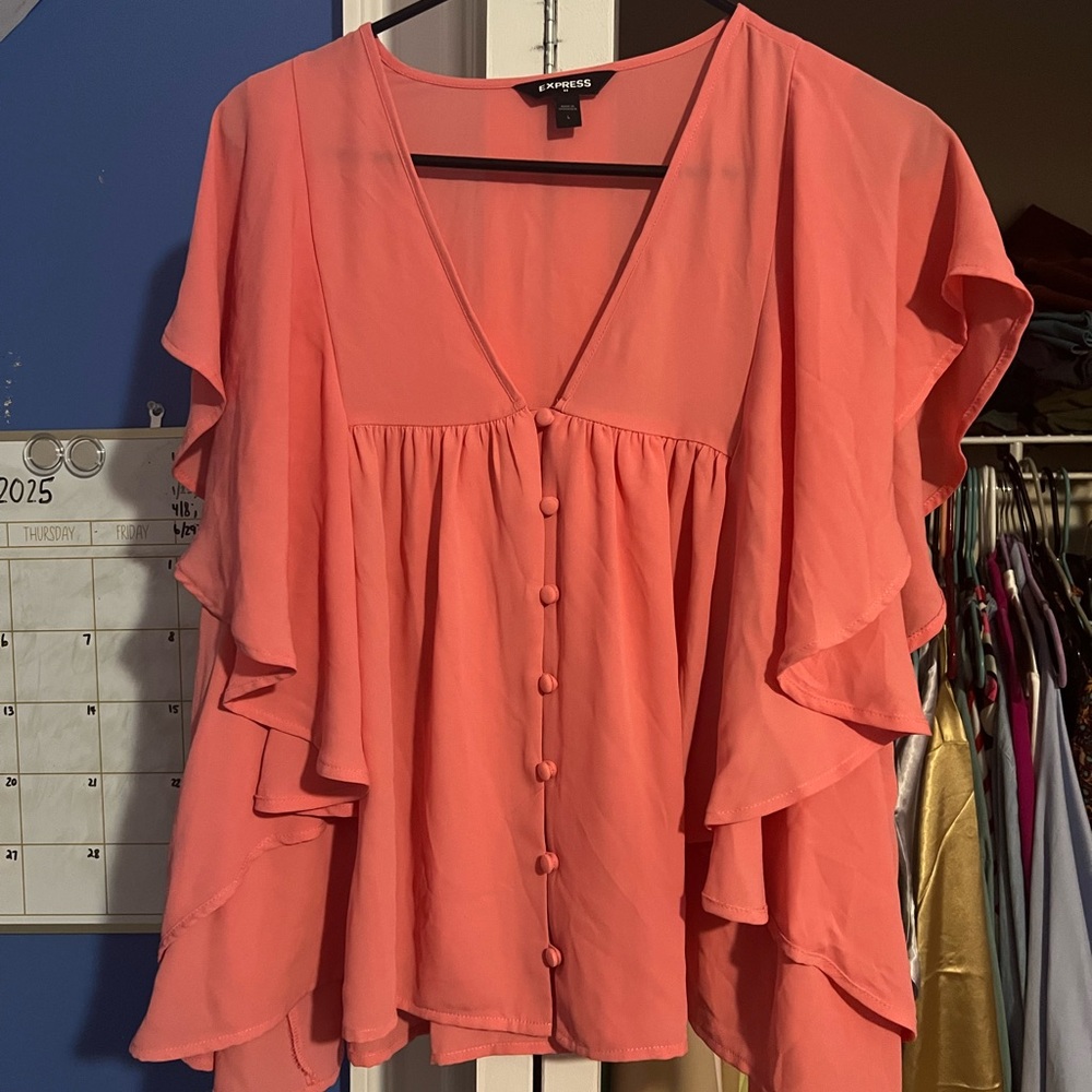 Express Coral Button-Front Ruffle Blouse